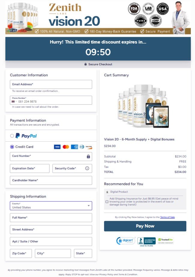 Vision 20 Official Website Secure Order Page